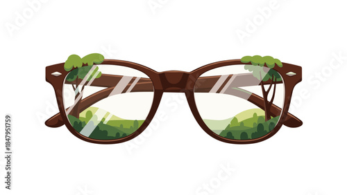 Stylish brown framed glasses reflect a lush green landscape, symbolizing a fresh perspective and connection with nature.