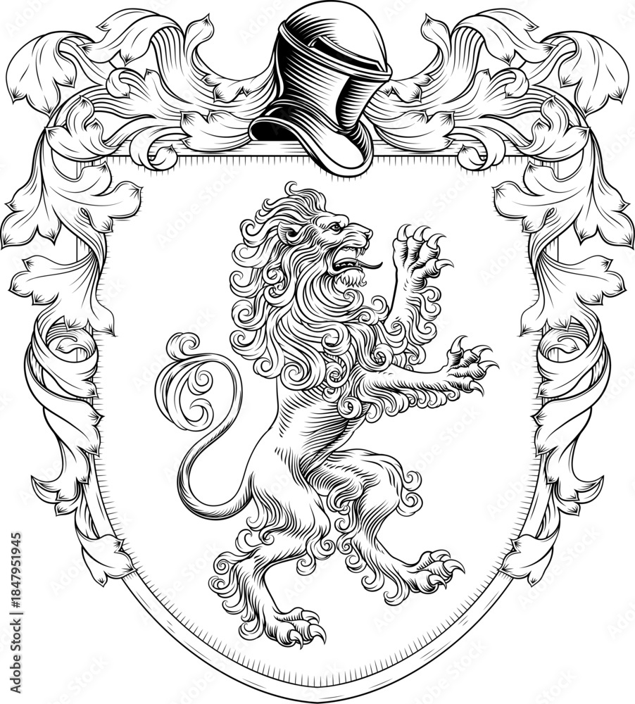Obraz premium A lion coat of arms or crest family heraldry medieval heraldic knight shield with helmet and acanthus filigree scroll ornament in a vintage woodcut style.