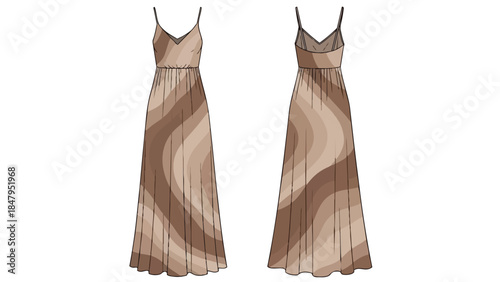 Elegant long flowing dress featuring a subtle earth-toned wavy stripe pattern front and back view illustration