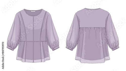 Fashion flat design illustration of a lavender blouse with voluminous bishop sleeves and gathered back detail for apparel design and pattern making