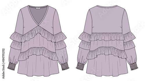 Fashion illustration of a layered ruffled lavender long-sleeved v-neck blouse shown from front and back views