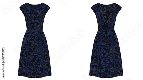 Elegant navy blue floral print fit and flare dress with cap sleeves displayed from front and back views for fashion illustration