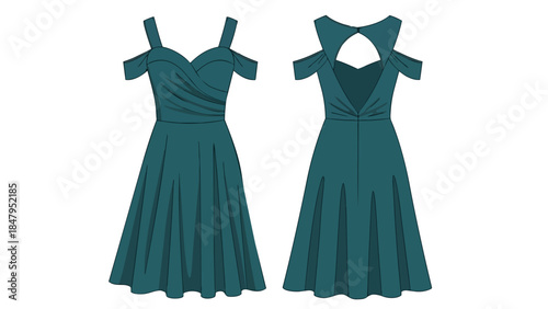 Elegant teal midi dress with cold shoulder design and striking open back detail showcasing modern fashion silhouette