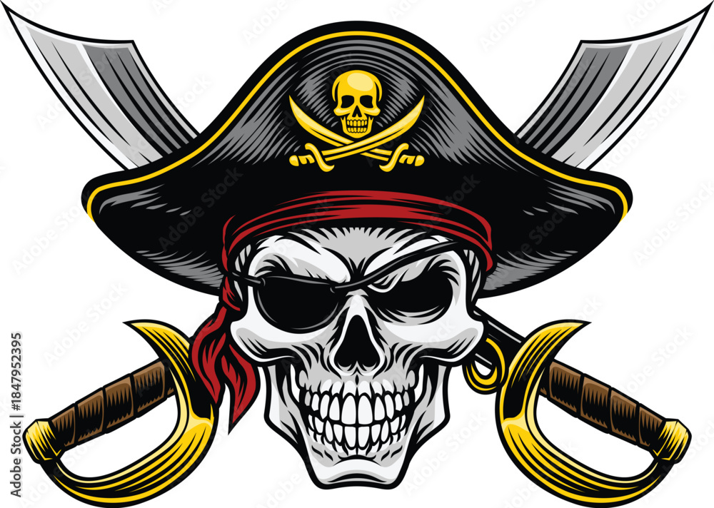 Fototapeta premium Pirate skull crossbones wearing a tricorn captain hat, eyepatch with crossing sabers or scimitar cutlass pirate swords. In a vintage retro woodcut style.