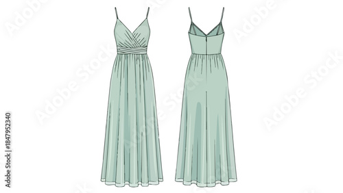Fashion Illustration of a Timeless V-Neck Strappy Maxi Dress Design Front and Back Views