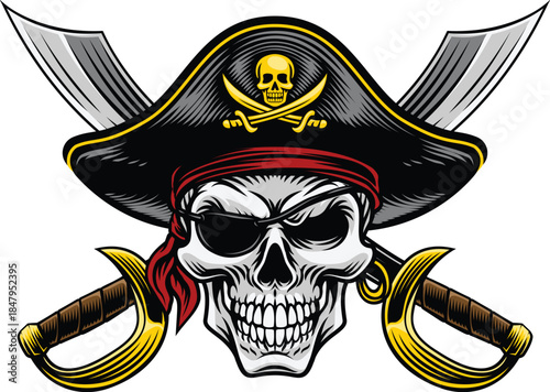 Pirate skull crossbones wearing a tricorn captain hat, eyepatch with crossing sabers or scimitar cutlass pirate swords. In a vintage retro woodcut style.