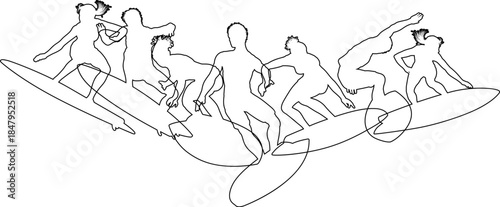 Surfer surfboard boarding male and female surfers surfing silhouette outlines. Men and women surf group design concept.