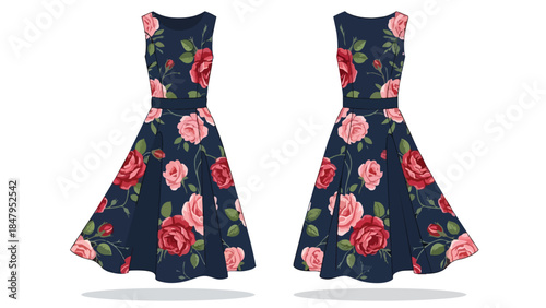 Elegant navy blue sleeveless midi dress adorned with a captivating pattern of red and pink roses and lush green foliage displayed from two angles