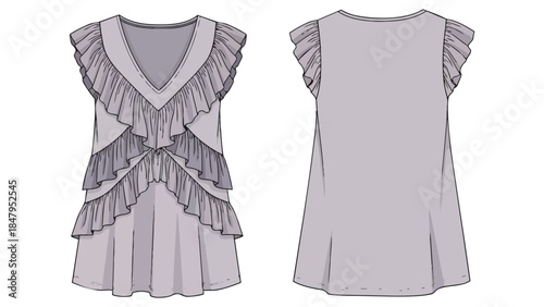 Fashion illustration of a layered ruffled v-neck sleeveless top displayed front and back views minimal 50 characters maximum 100 characters make the