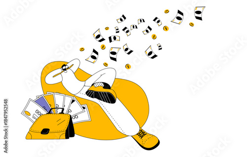 A man relaxes in a beanbag chair. The character admires his cash flow. Vector illustration. Passive income.
