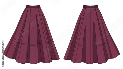 Elegant Plum Colored Pleated Maxi Skirt Designs Presented Side by Side for Fashion Creation Visuals