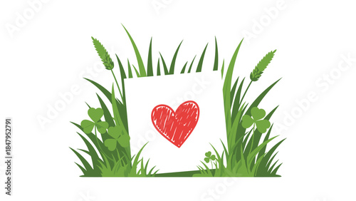 A vibrant illustration features a red heart nestled within lush green grass and clover, symbolizing love and nature's beauty.