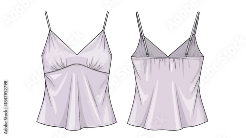 Artistic rendering of a light purple camisole with delicate spaghetti straps showcasing its front and back views