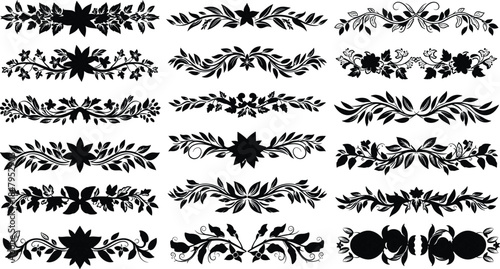 Elegant decorative floral border ornament set, vintage botanical divider collection for design, intricate leaf silhouette elements, classic vector embellishment artwork
