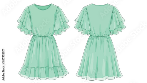 Elegant mint green flowing dress with tiered flutter sleeves and ruffled hemline presented in front and back view