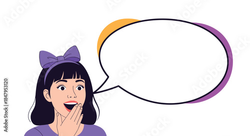 Surprised young woman with a purple bow in her hair gasps with an open mouth next to a large blank comic speech bubble.