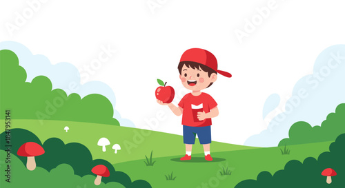 Happy cartoon boy wearing a red cap stands in a lush green field holding a fresh red apple for a healthy snack outdoors.