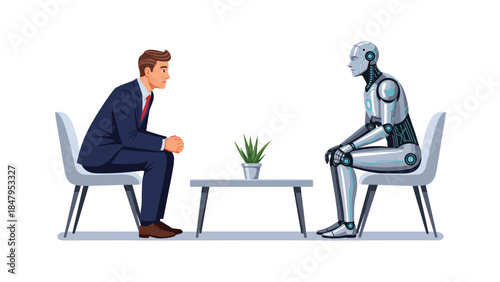 Business professional engages in a formal conversation with a futuristic humanoid robot in a modern office setting.