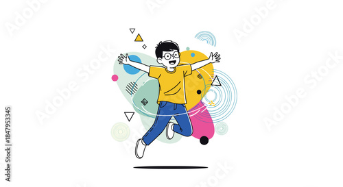 Joyful young boy with glasses and a yellow shirt jumps for joy with his arms outstretched against an abstract background.