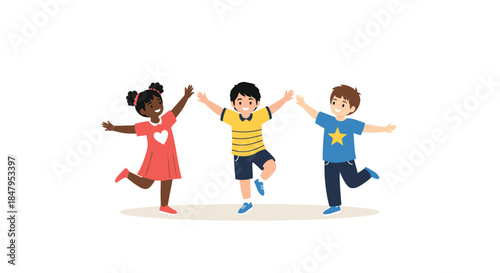 Three happy and diverse children with their arms outstretched are joyfully playing and dancing together as good friends.