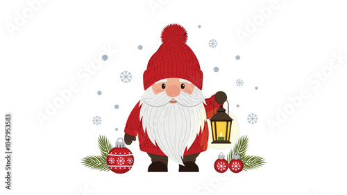 Festive gnome character holds a glowing lantern amidst winter decorations and snowflakes, spreading holiday cheer and warmth.