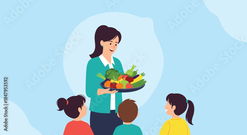 Female teacher educates three young students about healthy eating by showing them a large platter of fresh vegetables and fruit.