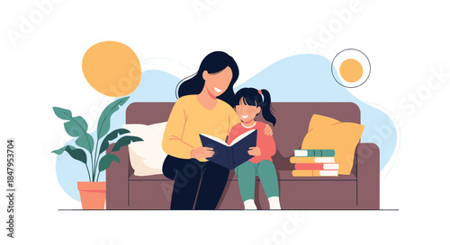 Loving mother and her young daughter enjoy quality time together reading a storybook while sitting on a comfortable sofa at home.