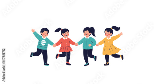 A cheerful group of four diverse children are happily running and skipping together while holding hands in friendship and unity.