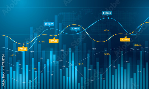 Vector illustration of a financial growth chart and trading with world map background. Concept of investment, global economy, and data analysis.