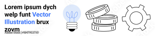 Lightbulb with sprout signifies eco-innovation, stacked coins reflect financial growth, and gear symbolizes process. Ideal for sustainability, finance, economy, green energy, teamwork, innovation