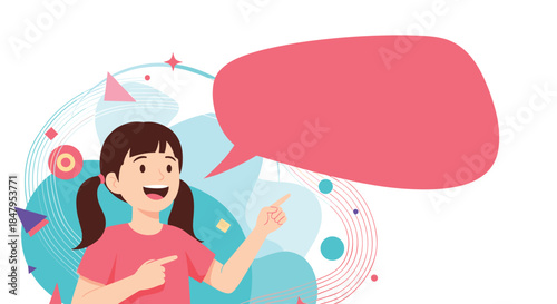 Happy young girl with pigtails smiles and points to a large pink speech bubble with blank space for your important message.