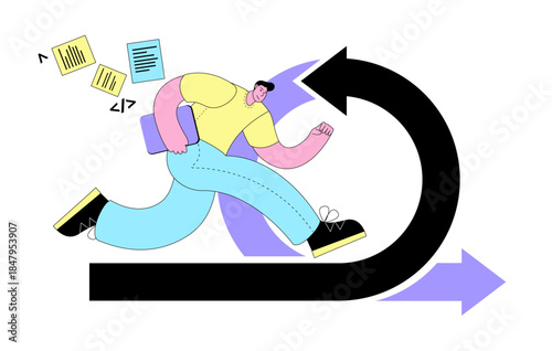 A man with a laptop runs along the arrow. Vector illustration on the topic of agile methodology.