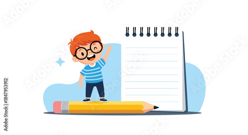 Smart little boy with glasses stands on a giant pencil in front of a large blank notebook ready for creative writing or drawing.