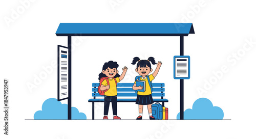 Two happy schoolgirls with backpacks smile and wave while waiting for the bus together at a public transportation bus stop.