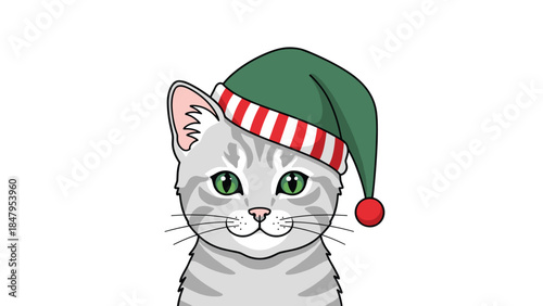 Festive gray tabby cat wearing a green and red striped elf hat looks cheerfully at the viewer.