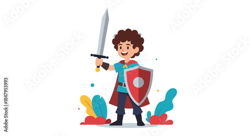Brave young boy dressed in a knight costume with a cape proudly holds a sword and shield ready for a medieval adventure.