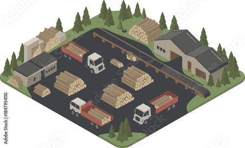 Lumber Mill Isometric Vector Illustration — Wood Processing and Timber Industry Concept
