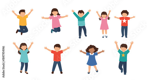 A large set of nine happy and diverse children are shown jumping and celebrating with joy in various energetic poses and outfits.