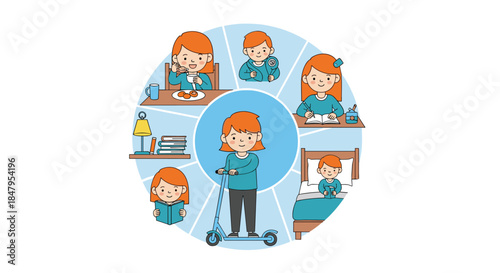 A circular infographic shows the healthy daily routine and schedule of a young girl including eating studying and playing.