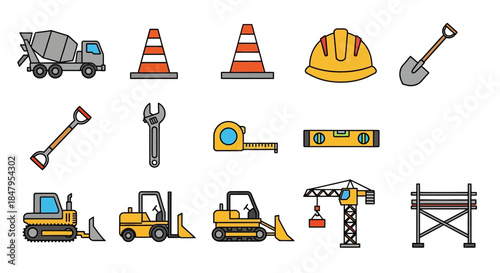 Construction Tools and Equipment Icons Set.