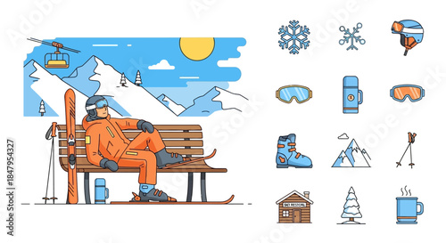 Man Sitting on Bench Wearing Snow Suit.