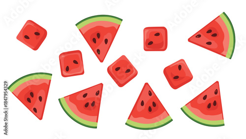 Colorful assortment of cubed and sliced watermelon pieces scattered against a white background, perfect for summer themes.