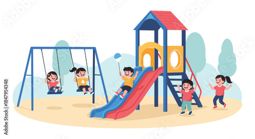 Group of happy children have fun playing together on the swings and slide at an outdoor school or park playground on a nice day.