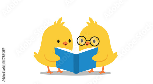 Two cute and smart yellow baby chicks are reading a blue book together with one of the little birds wearing reading glasses.