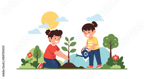 Two smiling girls work together to plant a small tree one holds it steady while the other waters it in a sunny park.