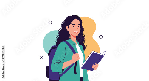 Happy female college student with long dark hair and a backpack smiles while reading a book on a simple abstract background.