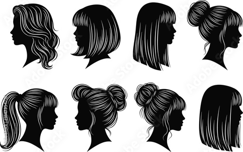 Female, hairstyle, silhouette, profile, head, black, white, bun, ponytail, bob, bangs, wavy, straight, layered, fashion, beauty, icon, woman, hairdo, style
