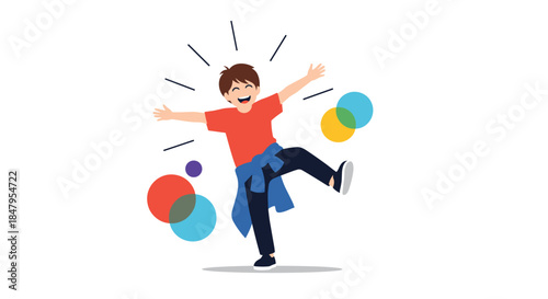 An ecstatic boy with arms and one leg outstretched jumps and cheers with pure happiness against a backdrop of colorful circles.