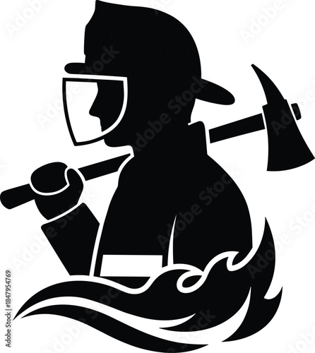 Firefighter silhouette with axe, flame symbol, emergency responder illustration, black and white hero icon, protective gear, bravery concept art