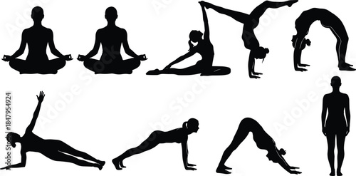 Yoga silhouette illustration set, various poses and postures, fitness and wellness theme, black vector artwork, white background